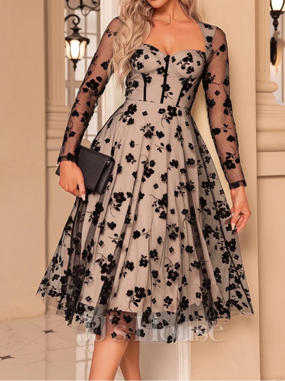 JJs House Beige and Black Floral Midi Dress